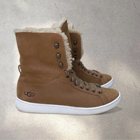 UGG Shoes - UGG Starlyn Sherling High Top Sneakers Chestnut Brown Leather Ankle Bootie